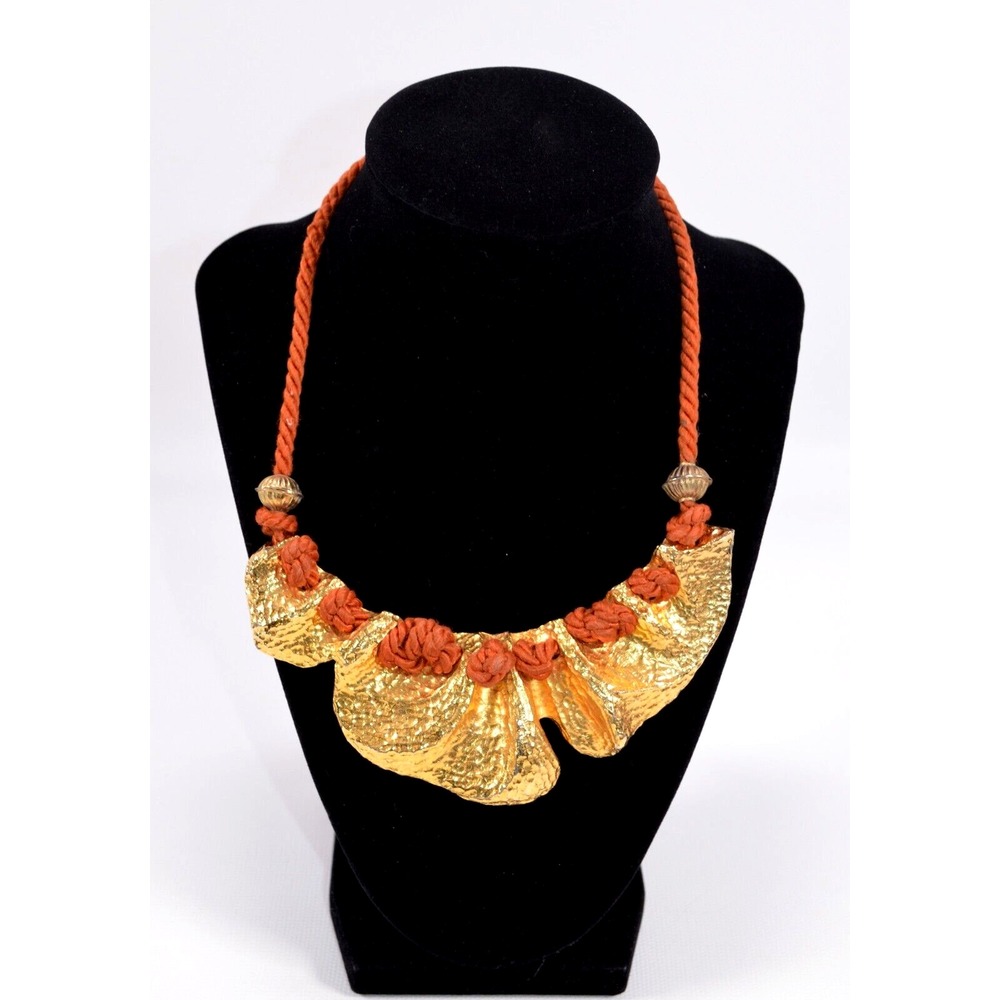 Gold Tone Cast Metal‎ Wavy Bib Necklace W/ Cord Heavy Chunky 15.5"